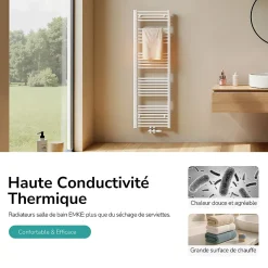 EMKE Sèche-serviette eau chaude, Radiateur sèche-serviettes raccordement central Blanc 120x60cm 598Watts