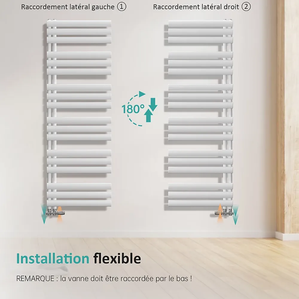 EMKE Sèche-serviette eau chaude à raccord latéral, radiateur sèche-serviettes blanc 174 x 60 cm, 782 W