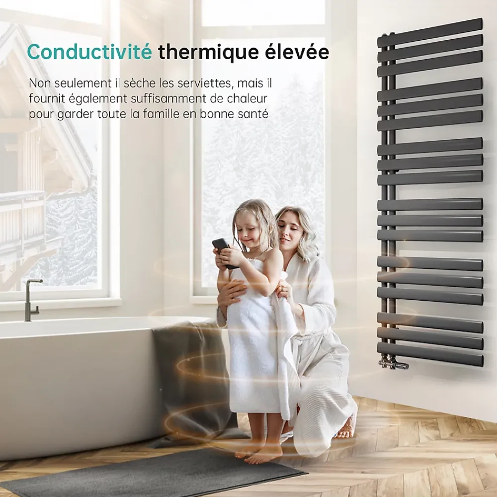 Sèche-Serviettes Eau Chaude|EMKE Sèche-serviette eau chaude à raccord latéral, radiateur sèche-serviettes anthracite 174 x 60 cm, 823 W