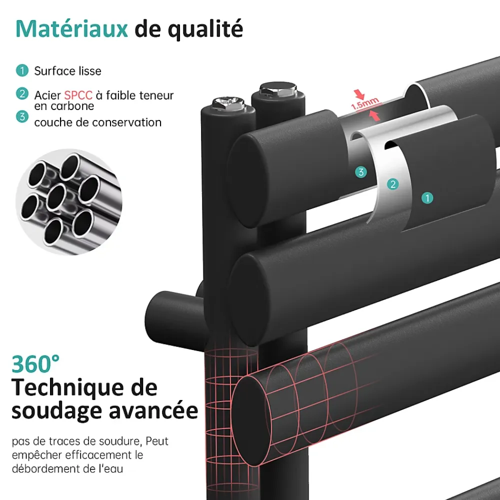 Sèche-Serviettes Eau Chaude|EMKE Sèche-serviette eau chaude à raccord latéral, radiateur sèche-serviettes anthracite 174 x 60 cm, 823 W