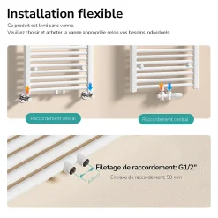 EMKE Sèche-serviette eau chaude, Radiateur sèche-serviettes raccordement central Blanc 120x40cm 427Watts