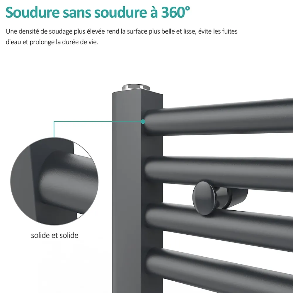 Sèche-Serviettes Eau Chaude|EMKE Sèche-serviette eau chaude, Radiateur sèche-serviettes raccordement central Anthracite 100x50cm 427Watts