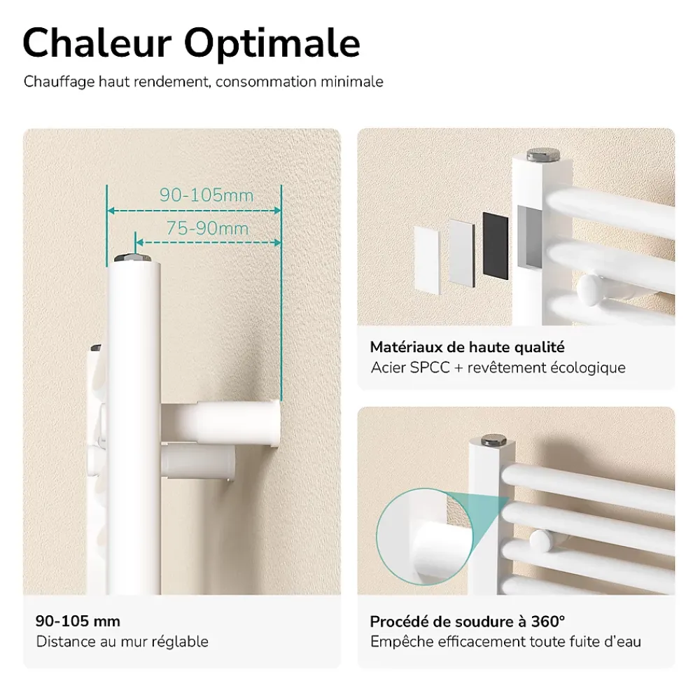 Sèche-Serviettes Eau Chaude|EMKE Sèche-serviette eau chaude, Radiateur sèche-serviettes raccordement central Blanc 180x40cm 618Watts