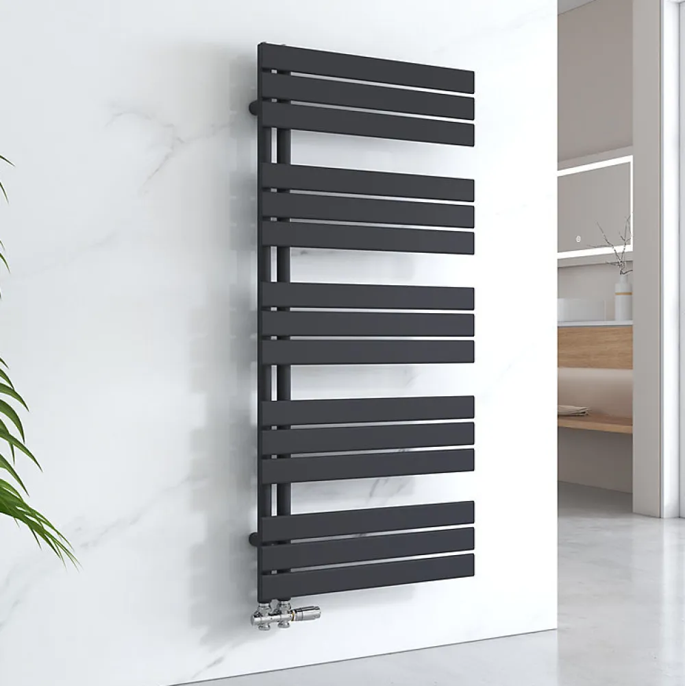 Sèche-Serviettes Eau Chaude|EMKE Sèche-serviettes à Eau Chaude Panneau Plat, Sèche-serviettes connexion latérale pour, Noir 1320x600mm 798Watts