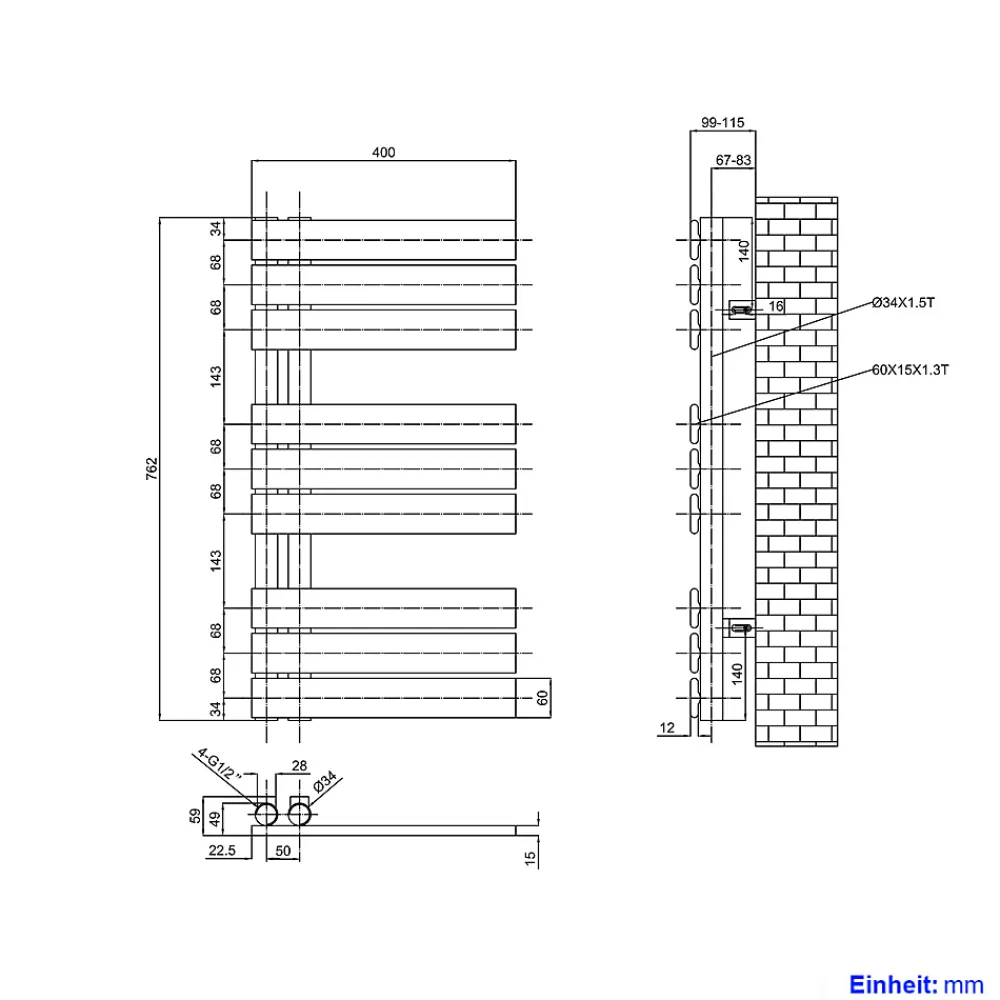 Sèche-Serviettes Eau Chaude|EMKE Sèche-serviettes à Eau Chaude Panneau Plat, Sèche-serviettes connexion latérale pour, Anthracite 762x400mm 360Watts
