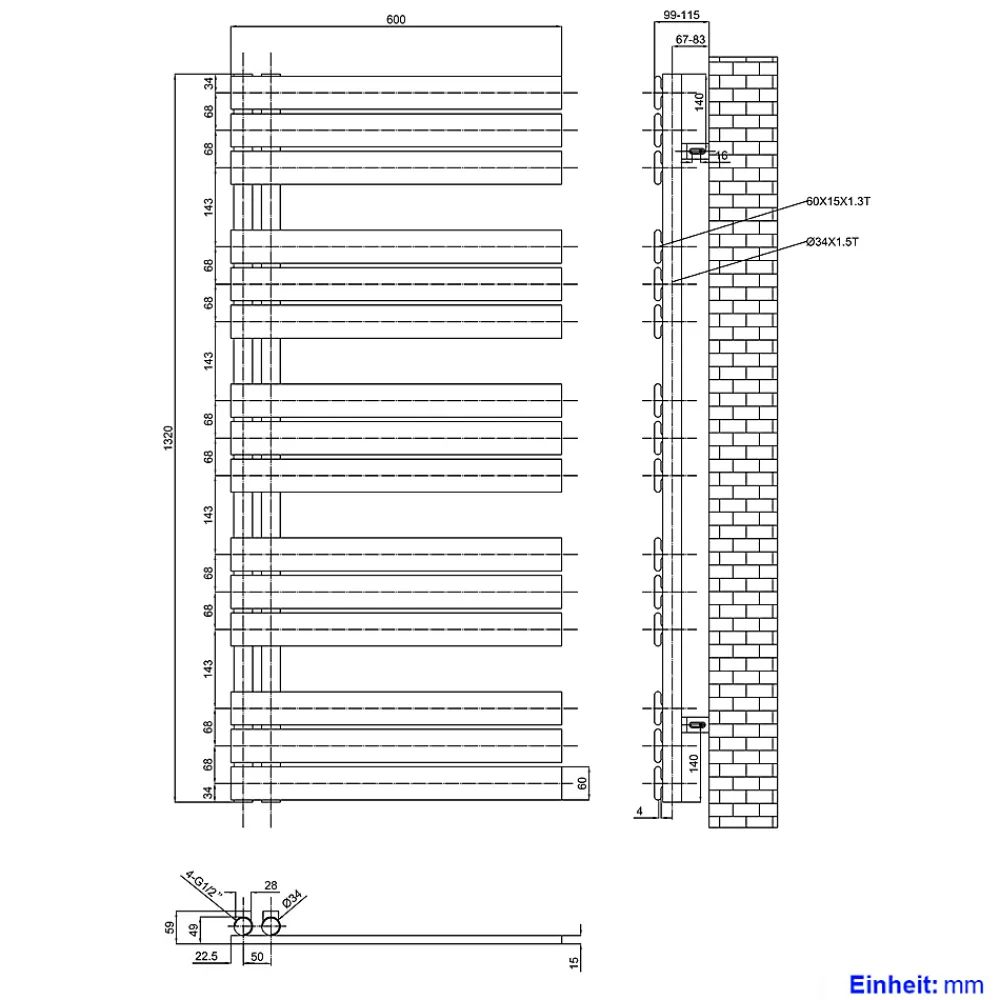 EMKE Sèche-serviettes à Eau Chaude Panneau Plat, Sèche-serviettes connexion latérale pour, Anthracite 1320x600mm 838Watts
