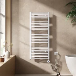 Sèche-Serviettes Électrique|EMKE Sèche-serviettes électrique avec thermostat 120 x 50 cm, radiateur de salle de bain incurvé, blanc brillant, 500 watts