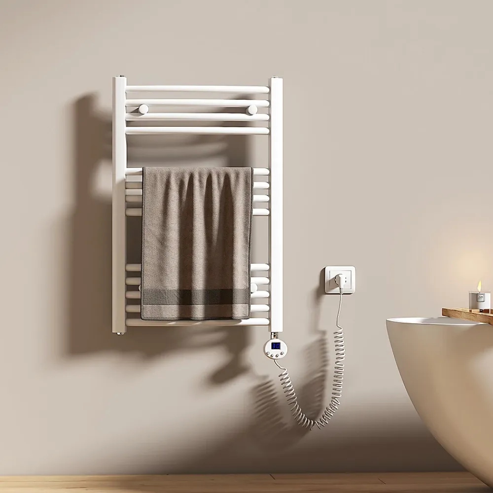 Sèche-Serviettes Électrique|EMKE Sèche-serviettes électrique avec thermostat 75 x 50 cm, radiateur de salle de bain incurvé,blanc brillant, 300 watts