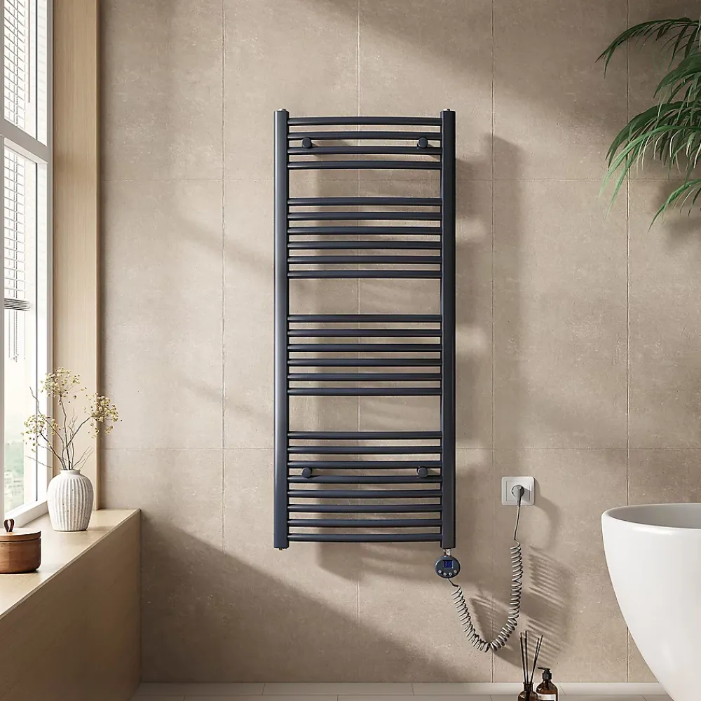 EMKE Sèche-serviettes électrique avec thermostat 120 x 50 cm, radiateur de salle de bain incurvé, gris anthracite, 500 watts