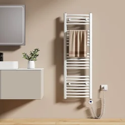 Sèche-Serviettes Électrique|EMKE Sèche-serviettes électrique avec thermostat 120 x 40 cm, radiateur de salle de bain incurvé, blanc brillant, 500 watts
