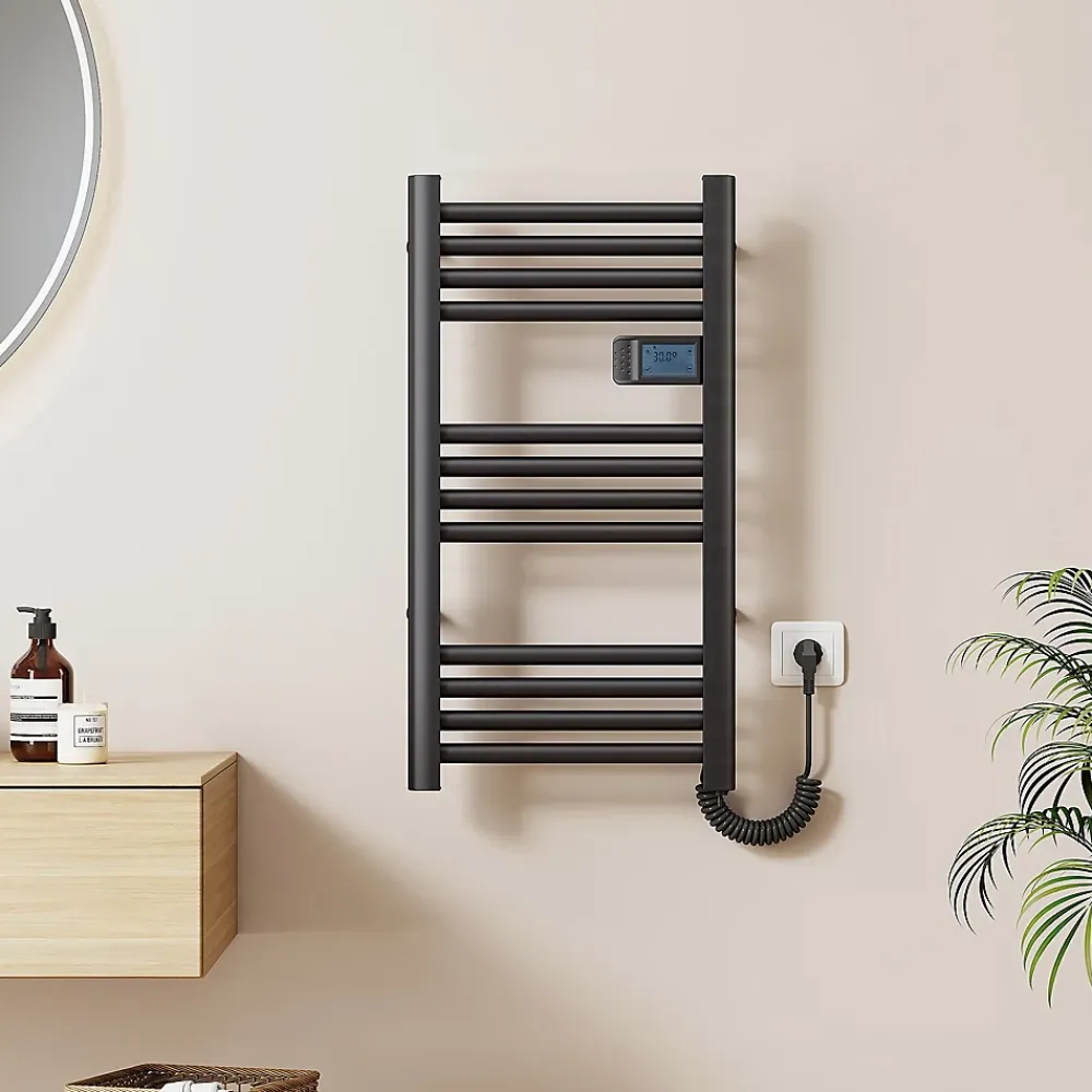 EMKE Sèche-Serviettes Électrique 750 x 400 mm,Porte-serviettes de salle de bain avec interrupteur tactile et minuterie,Noir,180W