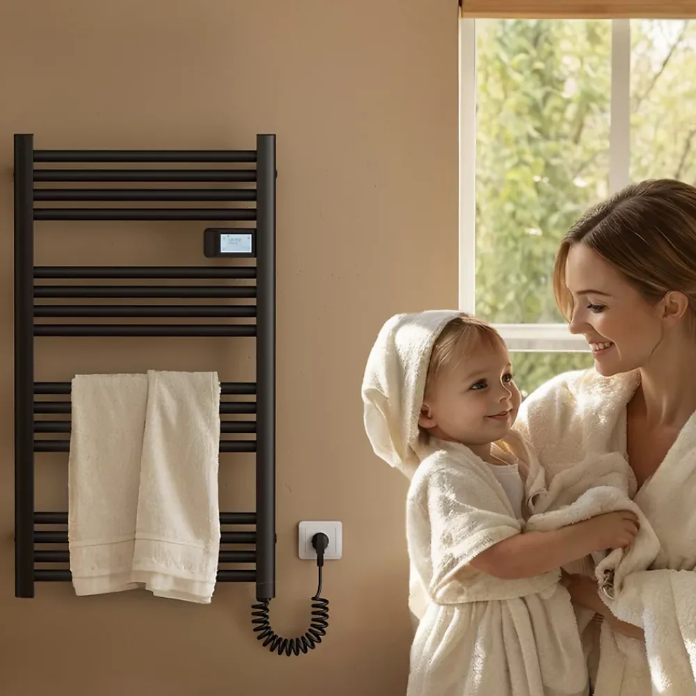 EMKE Sèche-Serviettes Électrique 750 x 400 mm,Porte-serviettes de salle de bain avec interrupteur tactile et minuterie,Noir,180W