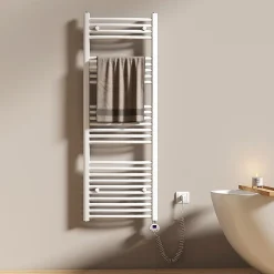Sèche-Serviettes Électrique|EMKE Sèche-serviettes électrique avec thermostat 140 x 50 cm, radiateur de salle de bain incurvé, blanc brillant, 600 watts