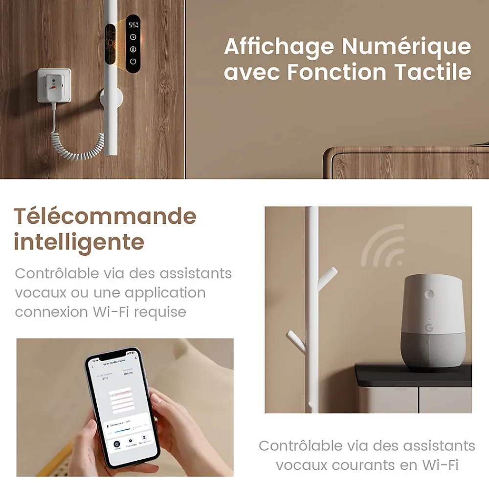 EMKE Sèche-serviettes électrique WiFi Pure, blanc brillant, 150 x 12,5 cm, température réglable, minuterie