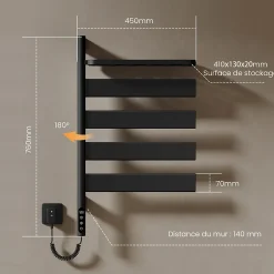 EMKE Sèche-serviettes électrique, rotatif à 180, 76 x 45 cm, sèche-serviettes et radiateur pour salle de bain, Noir mat