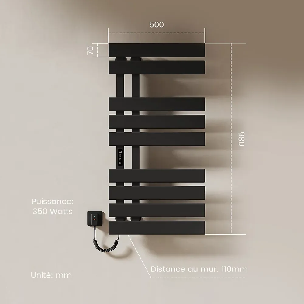 EMKE Sèche-Serviettes Électrique de salle de bain 1000 x 500 mm, Porte-serviettes chauffant électrique, Noir 350W