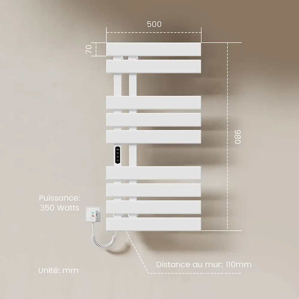 EMKE Sèche-Serviettes Électrique de salle de bain 1000 x 500 mm, Porte-serviettes chauffant électrique, Blanc 350W