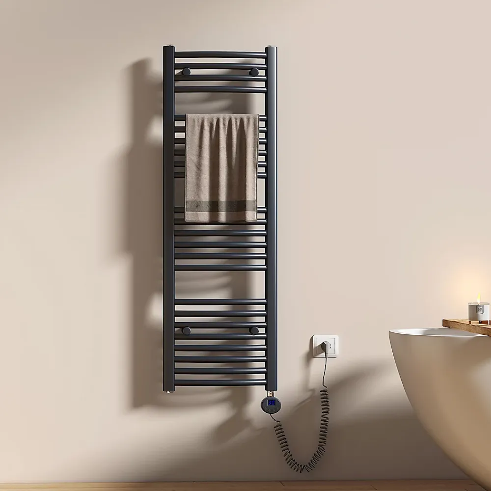 EMKE Sèche-serviettes électrique avec thermostat 120 x 40 cm, radiateur de salle de bain incurvé, gris anthracite, 500 watts
