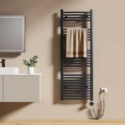 Sèche-Serviettes Électrique|EMKE Sèche-serviettes électrique avec thermostat 140 x 50 cm, radiateur de salle de bain incurvé, gris anthracite, 600 watts