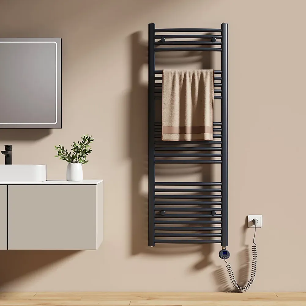 Sèche-Serviettes Électrique|EMKE Sèche-serviettes électrique avec thermostat 140 x 50 cm, radiateur de salle de bain incurvé, gris anthracite, 600 watts