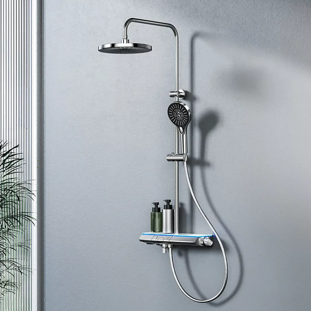 EMKE Système de Douche avec Thermostat, Chrome, Éclairage LED, Douche à Effet Pluie, 3 Modes de Jet, Bec de Sortie Inférieur