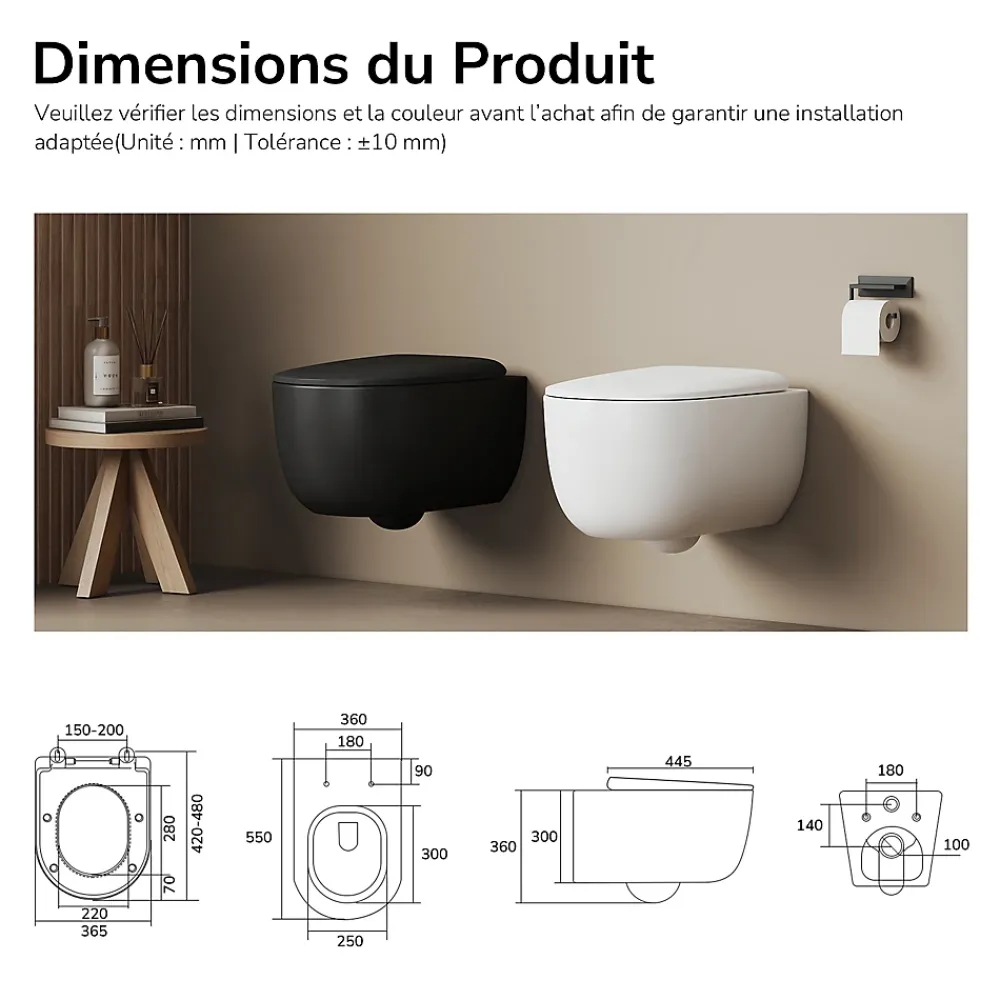 Wc Suspendu|EMKE Toilettes Suspendue 555x365x355 mm Blanc Brillant, Design Sans Bord, Abattant à Fermeture Douce et Démontage Facile