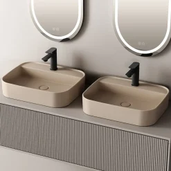 Vasque À Poser|EMKE Vasque à Poser 40 x 50 x 11 cm, Lavabo Rectangulaire en Céramique pour Salle de Bain, Coins Arrondis R, Beige Mat