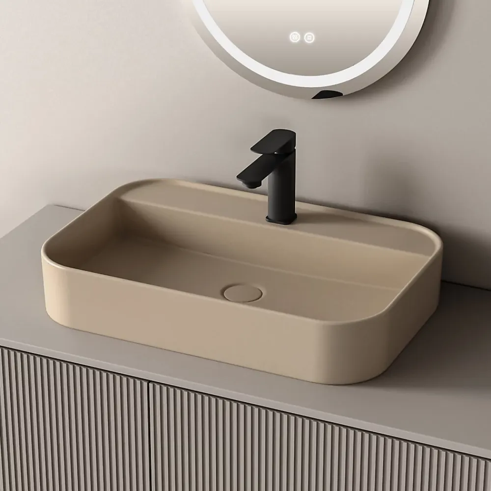 Vasque À Poser|EMKE Vasque à Poser 40 x 60 x 11 cm, Lavabo Rectangulaire en Céramique pour Salle de Bain, Coins Arrondis R, Beige Mat