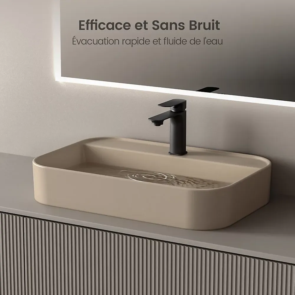 Vasque À Poser|EMKE Vasque à Poser 40 x 60 x 11 cm, Lavabo Rectangulaire en Céramique pour Salle de Bain, Coins Arrondis R, Beige Mat