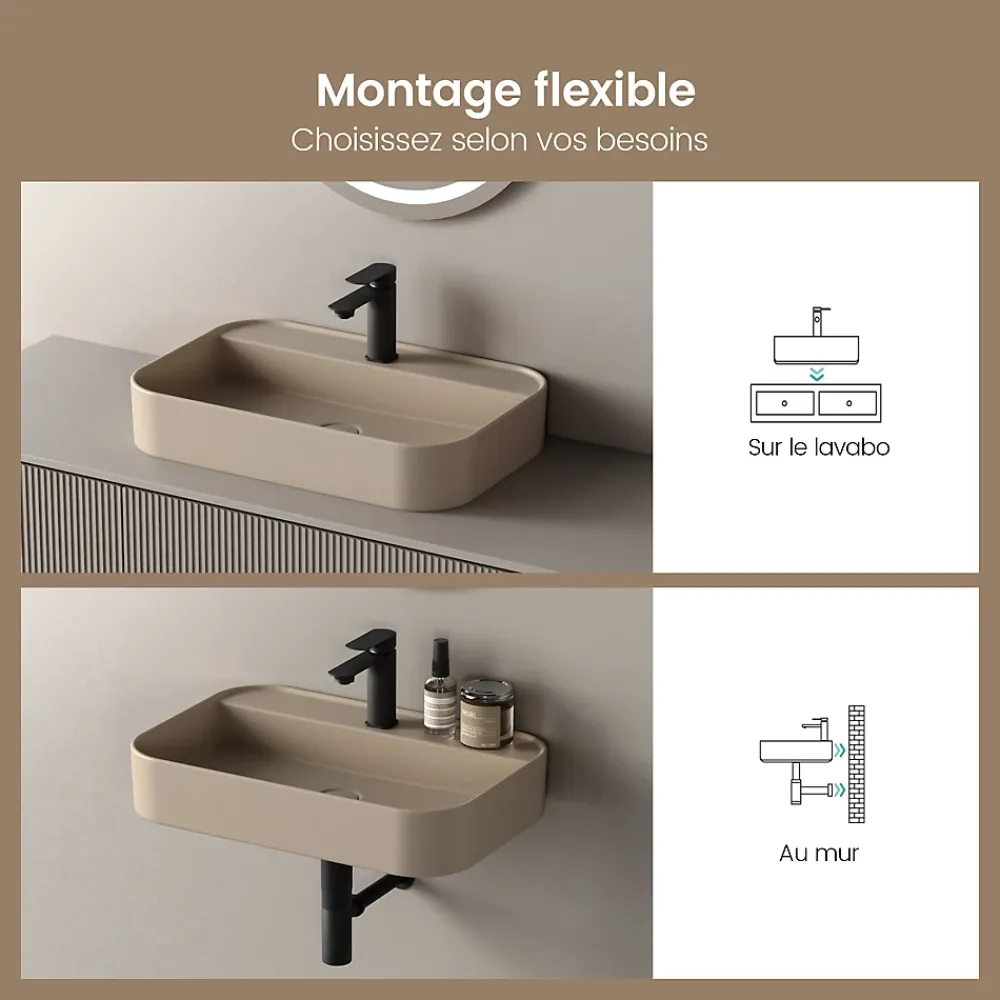 Vasque À Poser|EMKE Vasque à Poser 40 x 60 x 11 cm, Lavabo Rectangulaire en Céramique pour Salle de Bain, Coins Arrondis R, Beige Mat