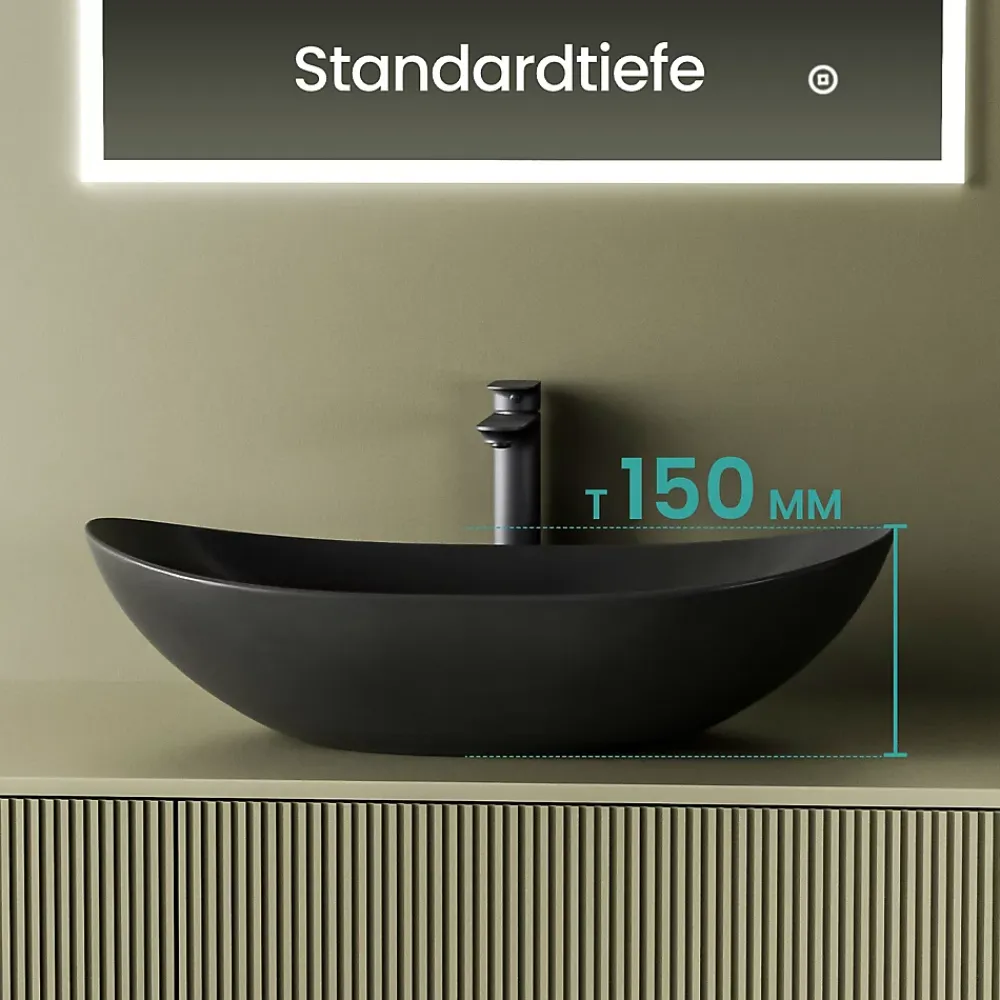 Vasque À Poser|EMKE Vasque à Poser 615 x 360 x 155 mm, Lavabo Ovale en Céramique pour Salle de Bain, Installation sur Comptoir, Finition Noir Mat
