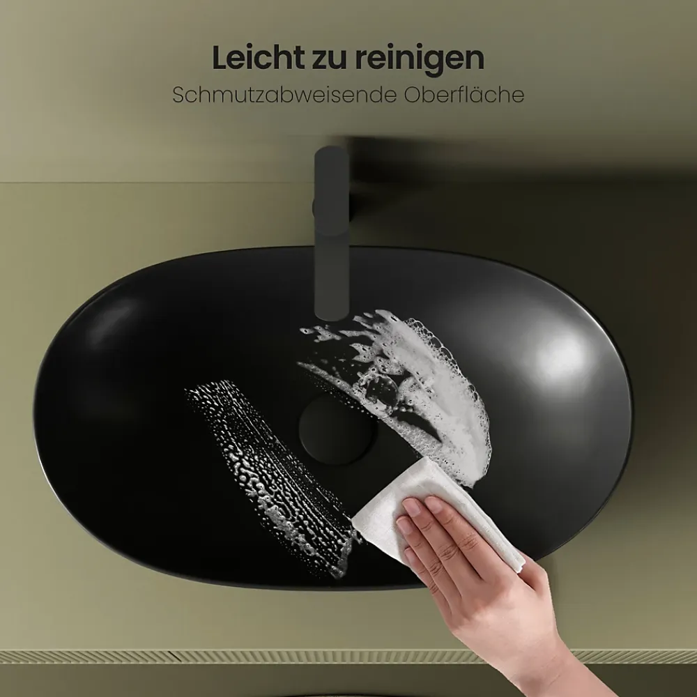 Vasque À Poser|EMKE Vasque à Poser 615 x 360 x 155 mm, Lavabo Ovale en Céramique pour Salle de Bain, Installation sur Comptoir, Finition Noir Mat