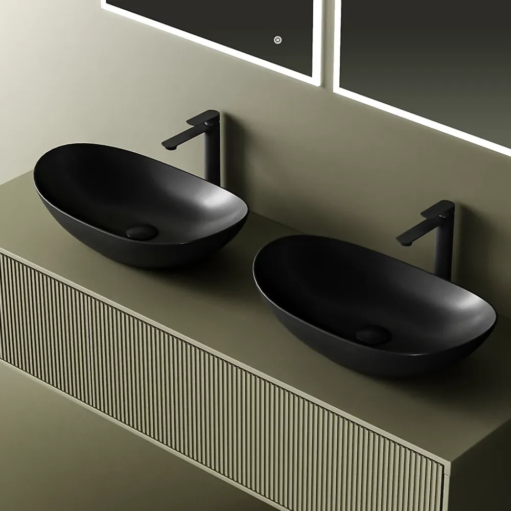 Vasque À Poser|EMKE Vasque à Poser 615 x 360 x 155 mm, Lavabo Ovale en Céramique pour Salle de Bain, Installation sur Comptoir, Finition Noir Mat