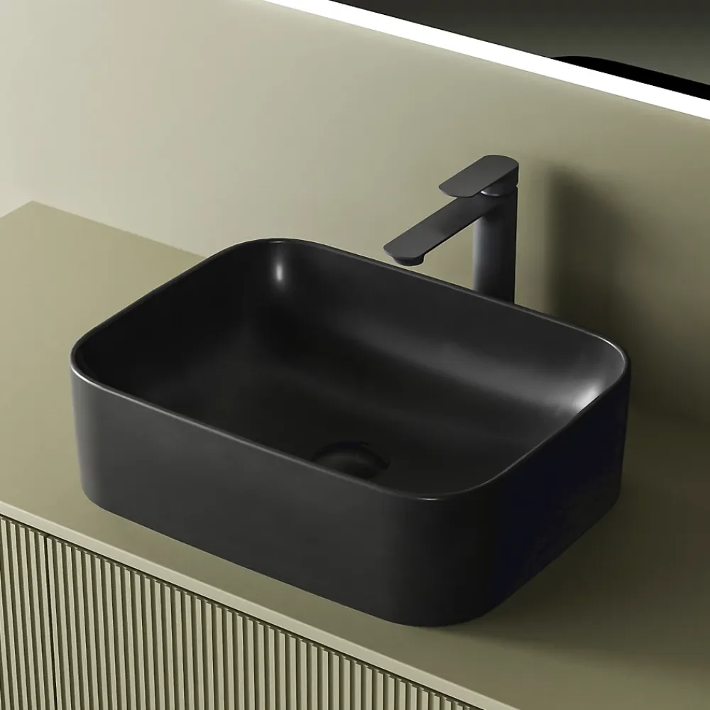EMKE Vasque à Poser 505 x 380 x 150 mm, Lavabo Rectangulaire en Céramique pour Salle de Bain, Coins Arrondis R, Gris Foncé Mat