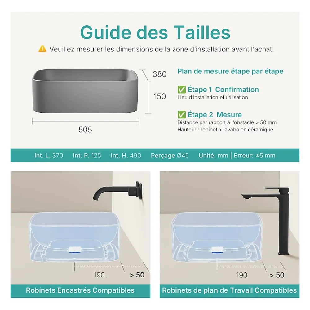 EMKE Vasque à Poser 505 x 380 x 150 mm, Lavabo Rectangulaire en Céramique pour Salle de Bain, Coins Arrondis R, Gris Foncé Mat