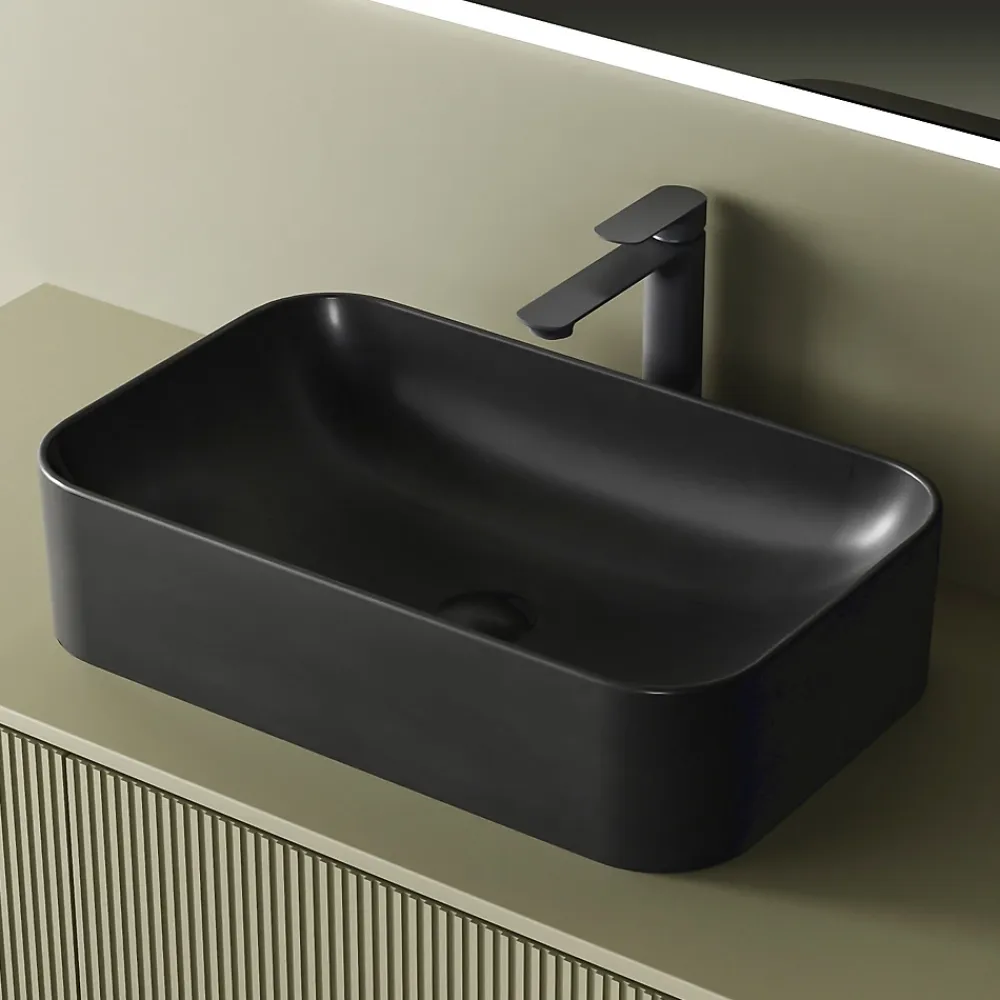 EMKE Vasque à Poser 610 x 380 x 150 mm, Lavabo Rectangulaire en Céramique pour Salle de Bain, Coins Arrondis R, Gris Foncé Mat
