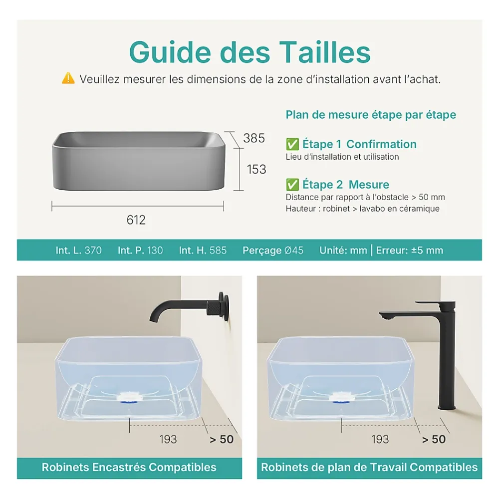 EMKE Vasque à Poser 610 x 380 x 150 mm, Lavabo Rectangulaire en Céramique pour Salle de Bain, Coins Arrondis R, Gris Foncé Mat