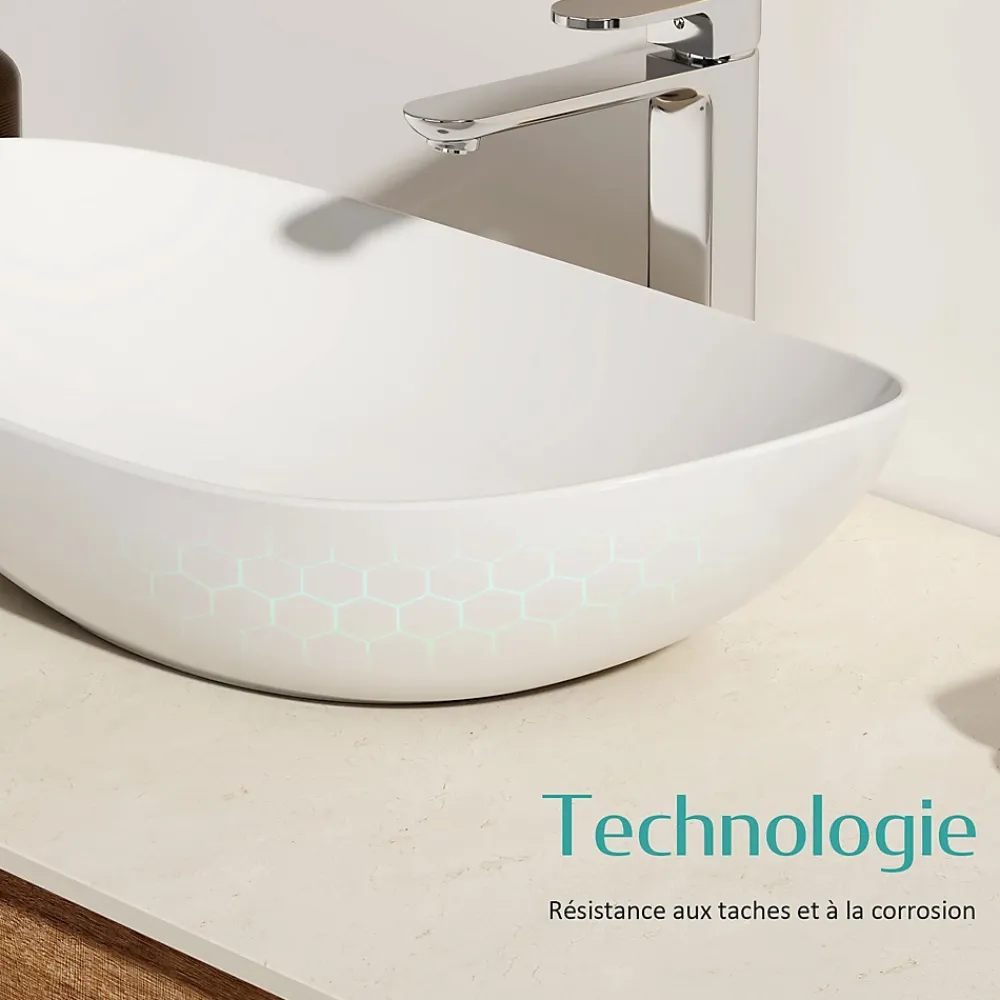 EMKE Vasque à Poser en céramique 35x27x11cm, Lavabo salle de bain Ovale, Lavabo à poser blanc brillant