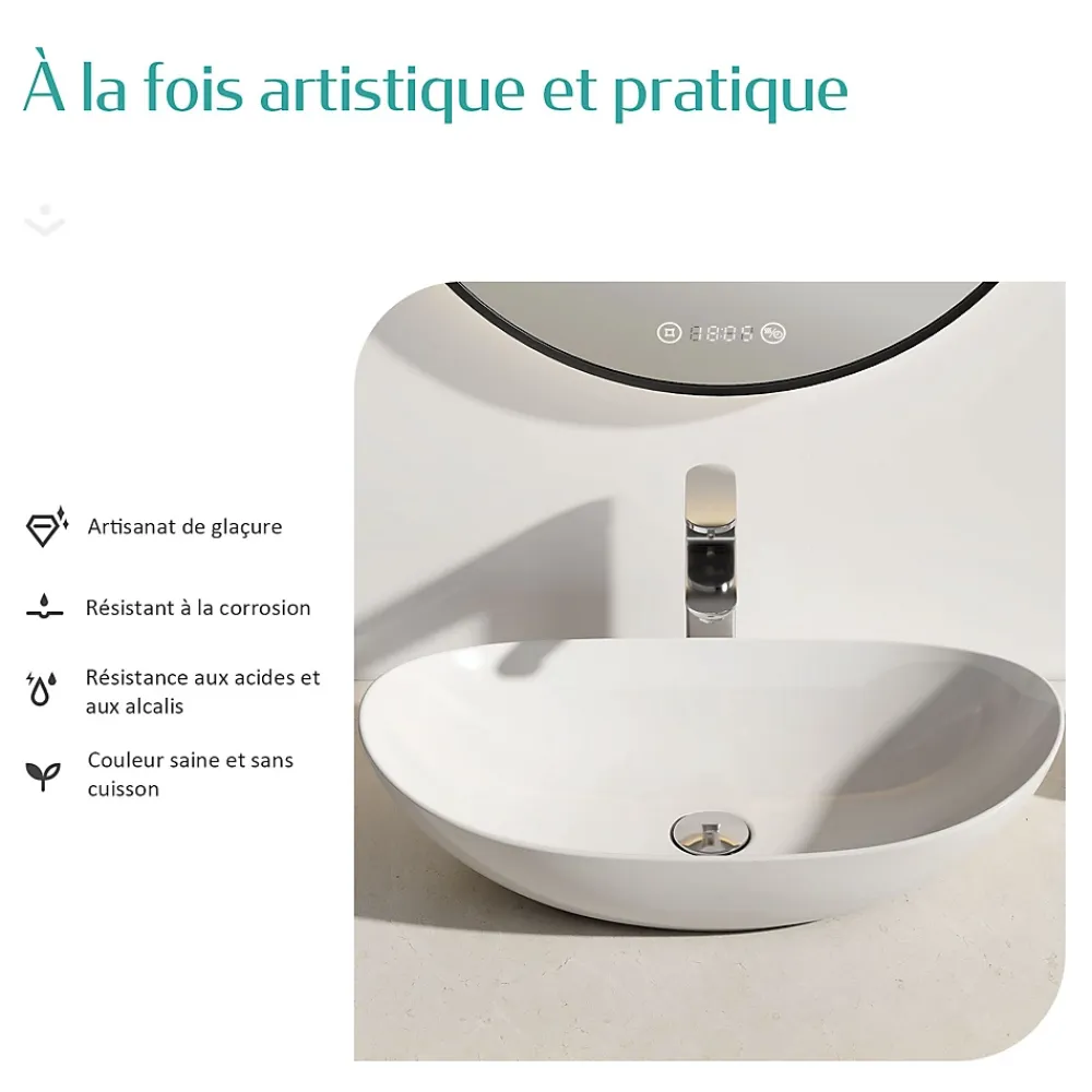 EMKE Vasque à Poser en céramique 35x27x11cm, Lavabo salle de bain Ovale, Lavabo à poser blanc brillant