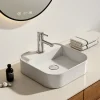 Vasque À Poser|EMKE Vasque à Poser en céramique 40x40x11cm, Lavabo Carré avec robinet trou prépercé, Lavabo à poser blanc brillant