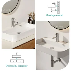 Vasque À Poser|EMKE Vasque à Poser en céramique 40x40x11cm, Lavabo Carré avec robinet trou prépercé, Lavabo à poser blanc brillant