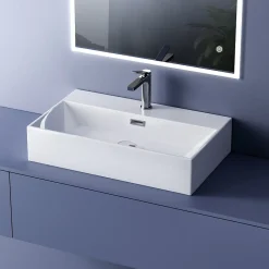 EMKE Vasque à Poser en céramique 51,5x36,5x13cm, Lavabo rectangulaire avec robinet trou prépercé, Lavabo à poser blanc brillant