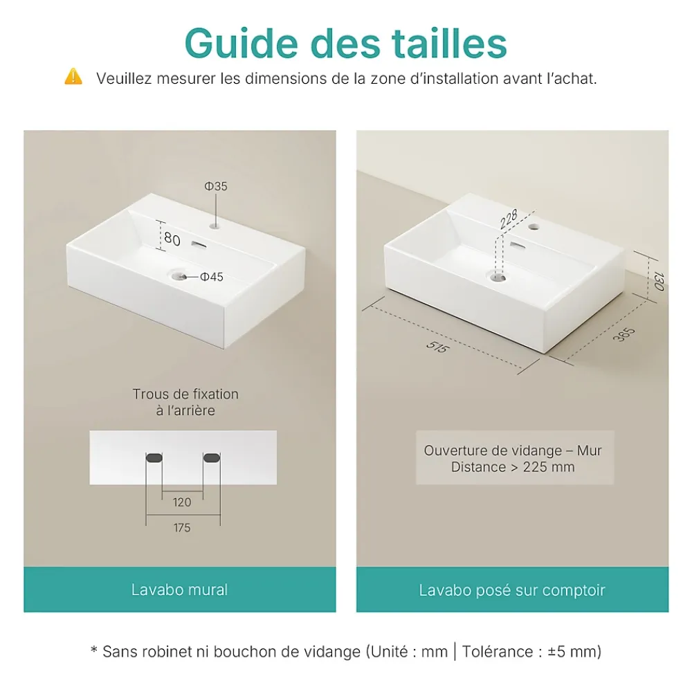 EMKE Vasque à Poser en céramique 51,5x36,5x13cm, Lavabo rectangulaire avec robinet trou prépercé, Lavabo à poser blanc brillant