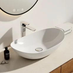 Vasque À Poser|EMKE Vasque à Poser en céramique 61,5x36x15,5cm, Lavabo salle de bain Ovale, Lavabo à poser blanc brillant