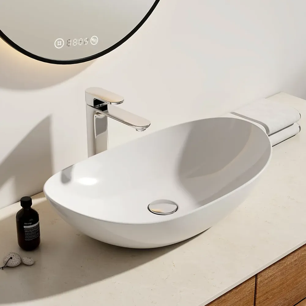 Vasque À Poser|EMKE Vasque à Poser en céramique 61,5x36x15,5cm, Lavabo salle de bain Ovale, Lavabo à poser blanc brillant