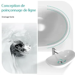 Vasque À Poser|EMKE Vasque à Poser en céramique 61,5x36x15,5cm, Lavabo salle de bain Ovale, Lavabo à poser blanc brillant