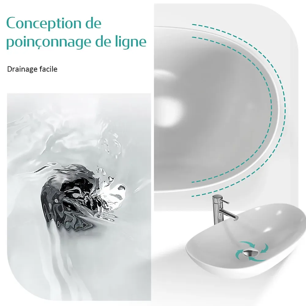 Vasque À Poser|EMKE Vasque à Poser en céramique 61,5x36x15,5cm, Lavabo salle de bain Ovale, Lavabo à poser blanc brillant