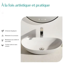 Vasque À Poser|EMKE Vasque à Poser en céramique 61,5x36x15,5cm, Lavabo salle de bain Ovale, Lavabo à poser blanc brillant
