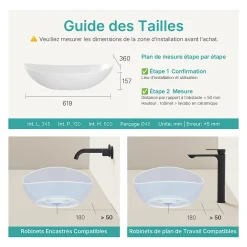 Vasque À Poser|EMKE Vasque à Poser en céramique 61,5x36x15,5cm, Lavabo salle de bain Ovale, Lavabo à poser blanc brillant