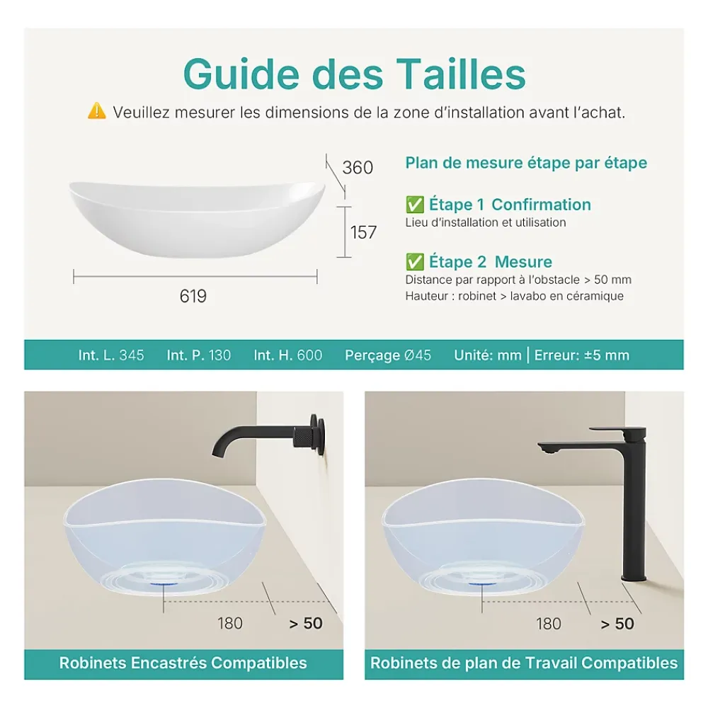 Vasque À Poser|EMKE Vasque à Poser en céramique 61,5x36x15,5cm, Lavabo salle de bain Ovale, Lavabo à poser blanc brillant